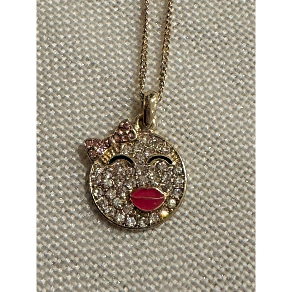 Gold Tone Rhinestone Kissy Face Necklace Women Pink‎ Accents
